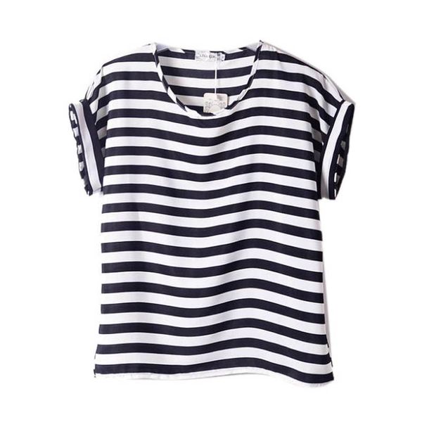 

wholesale- women chiffon t shirts loose short sleeve ladies t-shirts striped heart lip 15 colors 2016, White