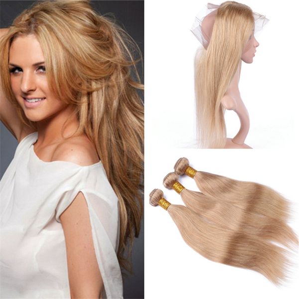 2019 Brazilian Straight Hair Honey Blonde 3 Bundles With 360 Lace