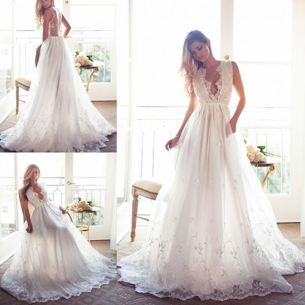 

2017 a line beach wedding dresses lace deep v-neck sheer backless appliques sweep train bridal gowns custom made white wedding dress