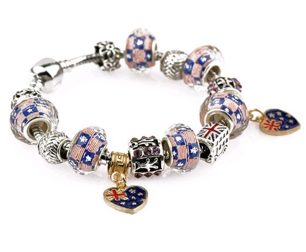 

dora bracelet silver plated heart charms english flag design beads finished bracelets diy customized jewelry wholesale pda-28, Golden;silver