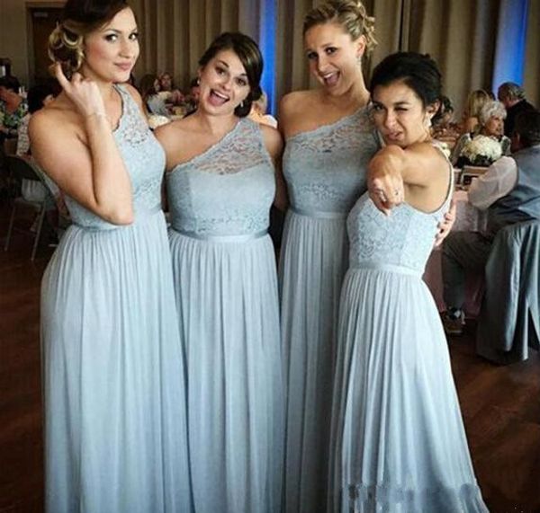

light blue one shoulder bridesmaids dresses long lace maid of honor dress plus size chiffon wedding guest gowns, White;pink