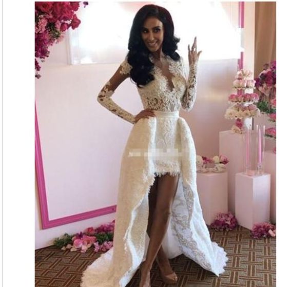 

bohemia lace prom dress high low open back sheer a-line plunging white boho beach long sleeve bridal dress appliqued, Black