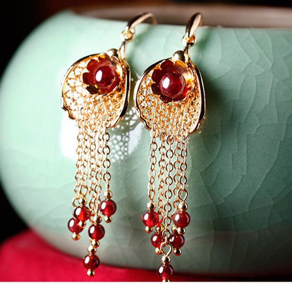 

garnet tassel long retro alloy sexy/allergy stud earrings. the beauty like best, Silver