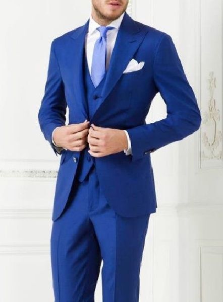 Özel Tasarım İki Düğmeler Kraliyet Mavi Damat Smokin Groomsmen Tepe Yaka Erkekler Düğün Smokin Yemeği Balo Suits (Ceket + Pantolon + Yelek + Kravat) G1529