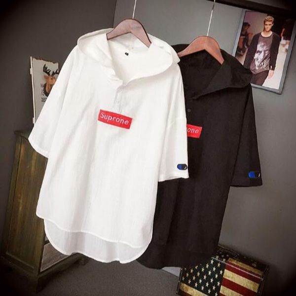 

Summer Men T Shirt Fashion Linen Letter Print T-shirt Casual Hooded White Black Loose T shirt for men