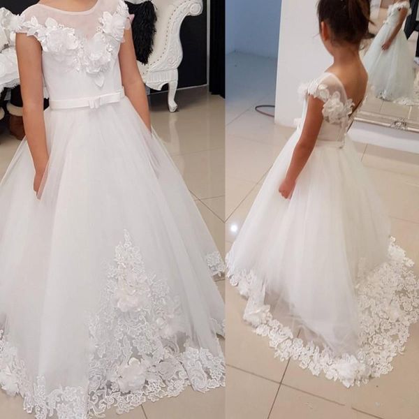 

3d floral appliqued lace flower girls dresses simple white a-line little kids first communion dress pageant gowns custom made, White;blue
