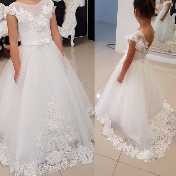 3D Floreale Appliqued Pizzo Ragazze Fiore Abiti Semplice Bianco A-line Little Kids Prima Comunione Dress Economici Abiti Da Spettacolo Custom Made