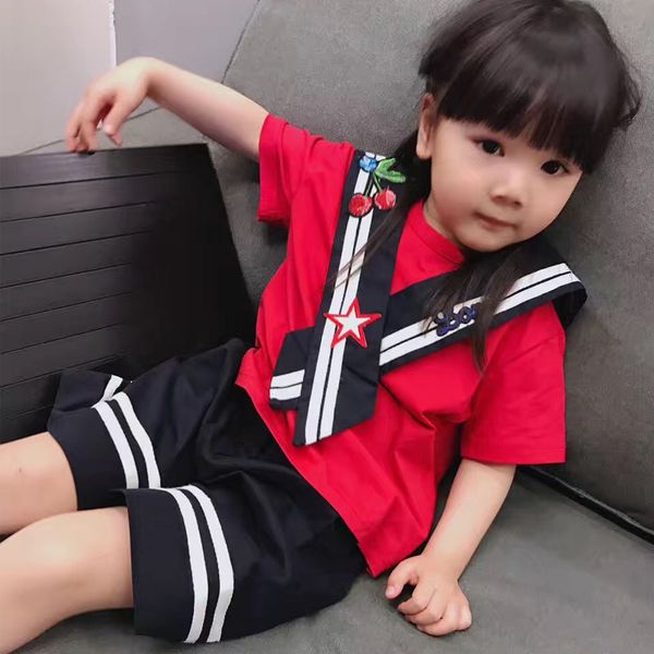 

Girls Clothes Summer Children Girls Clothing Sets Short Sleeve Red Cherry T-shirt+Striped Short Pants Kids Clothes