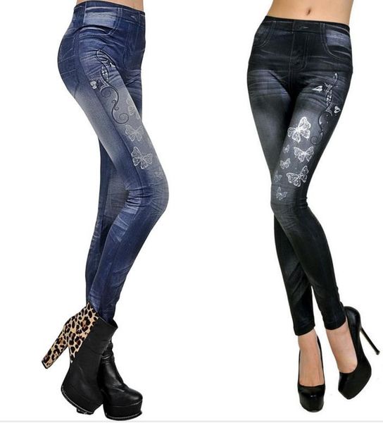 

new women faux denim jeans leggings butterfly printed pencil slim plush size stretch jeggings lady pants trousers blue black gifts