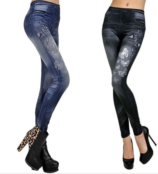 NEUE Frauen Faux Denim Jeans Leggings Schmetterling Gedruckt Bleistift Dünne Plüsch Größe Stretch Jeggings Sexy Dame Hosen Hosen Blau Schwarz Geschenke