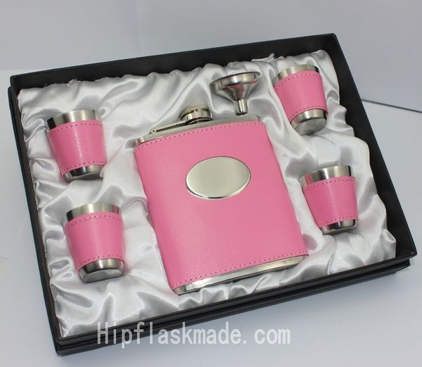 

lady's gift set ,pink leather stainless steel hip flask set 6pcs ine one set