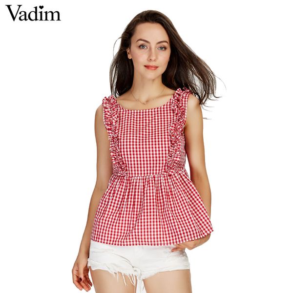 

wholesale- vadim women sweet ruffles plaid pleated shirts buttons sleeveless backless checked blouse ladies summer casual blusas wt459, White