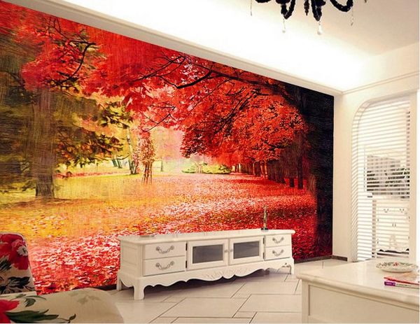 Papel de parede para o quarto das crianças Personalizado Vermelho colorido árvores paisagem pintura 3d papéis de parede para parede
