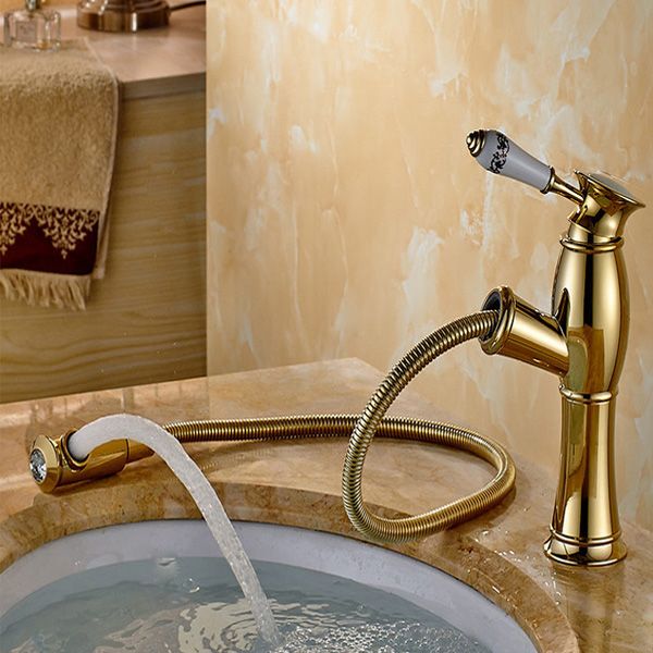 

golden bathroom mixer sink faucet with spay pull out /single hole basin mixer bathroom faucet vessel vanity hs 438