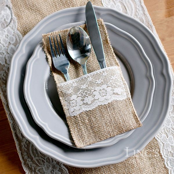

burlap cutlery holder vintage shabby chic jute lace tableware pouch packaging fork & knife pocket for party wedding