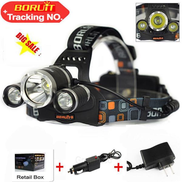 

boruit 5000lm 3 xcree xml t6 led rechargeable headlight headlamp 18650 head torch lamp+lantern linternas for hunting 2xcharger