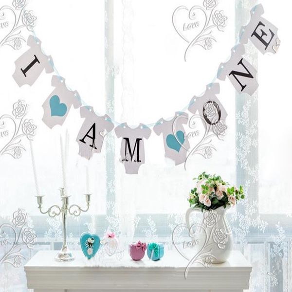 

wholesale- hanging flag sign happy birthday bunting banner i am one baby boy shower child kids party decor letter flags p booth props