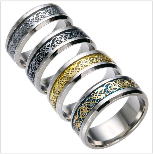 

men ring stailess steel dragon-pattern design inlay silver and gold tinsel band rings for finger fashion jewelry