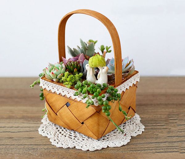 6PCS- PACK Country Vintage Vintage Garden Garden Flower Planter Crate Pianta quadrata succulente scatola di immagazzinaggio desktop con manico