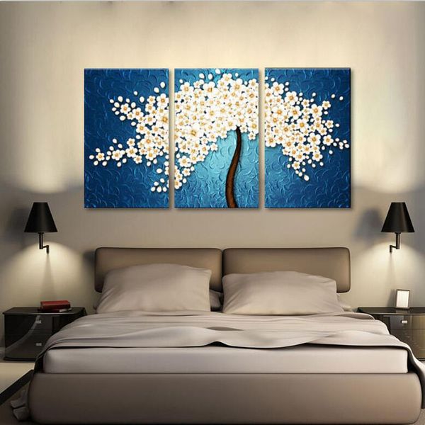 Enquadrado 3 Pintura azul Painel de flor branca da lona Set 100% pintado à mão Home Living Room Decor Fotos Wall Art MF18