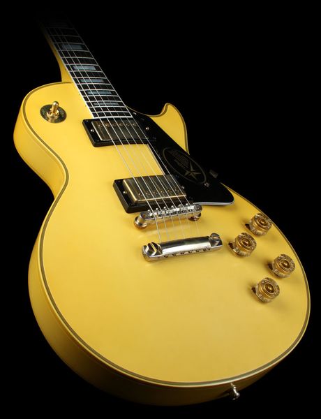 Custom RANDY RHOADS Signature Cream Yellow Metal Legend Guitarra elétrica Escala de ébano, incrustação de bloco MOP branco, ferragens douradas