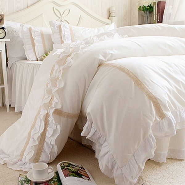 Atacado- New Ruffle Forbridery Bedding Conjunto Elegante Breve Cuidados Correspondência Copa Duveta Colcha Romantic Princess Bed Skirt Folha