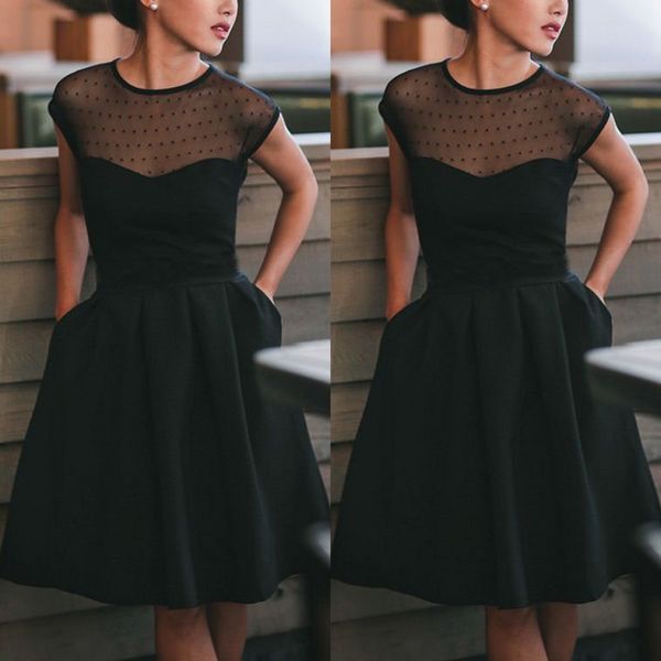

little black cocktail dresses sheer jewel neck dotted tulle short knee length party dress with pockets high quality