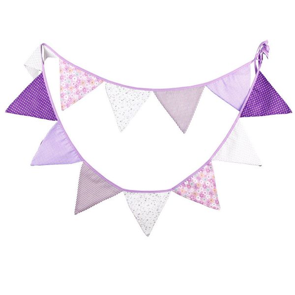 

wholesale- 12 flags 3.3 m cotton fabric banners personality wedding bunting decor violet purple party birthday baby show garland decoration
