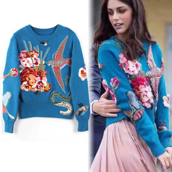 

luxury embroidery wool sweaters 2017 fashion runway women designer bird rhinestone beading pullovers knitted sweaters, White;black