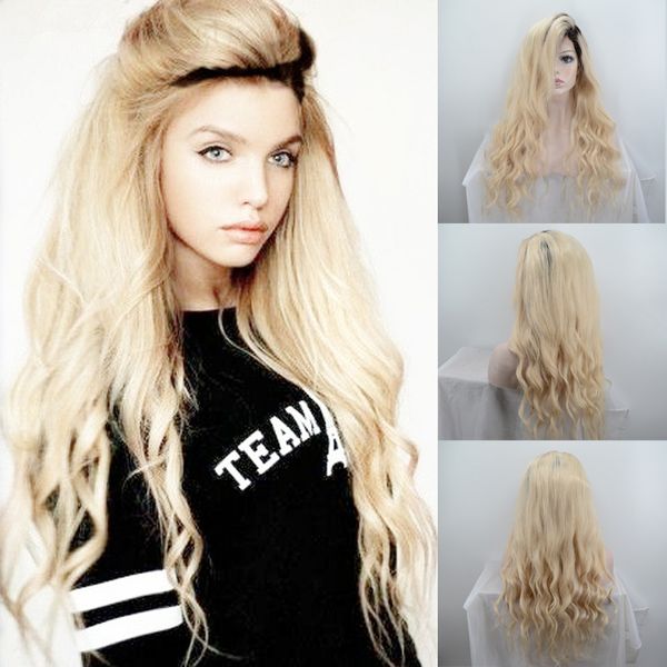 Ombre Honey Blonde Human Hair Dark Root Full Lace Sew In Wig Front