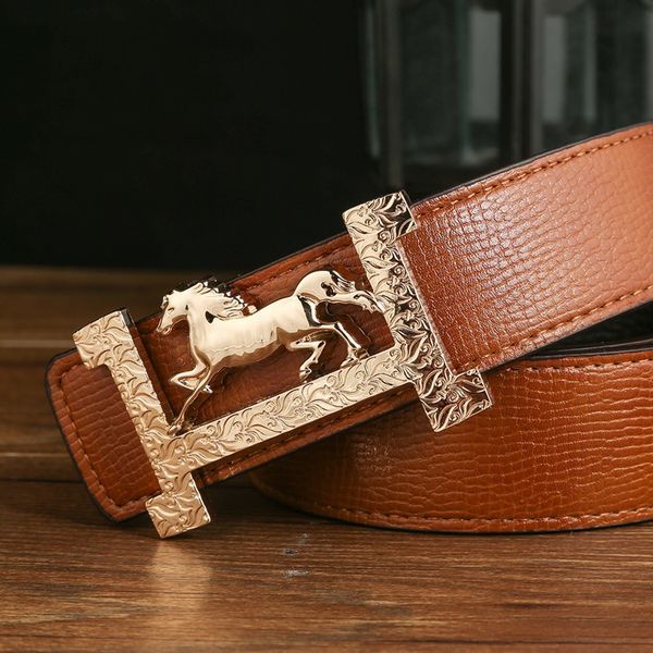 

wholesale- 2016 fashion horse buckle design good quality genuine leather men belt for women all-match cowskin waist starp for male belts, Black;brown