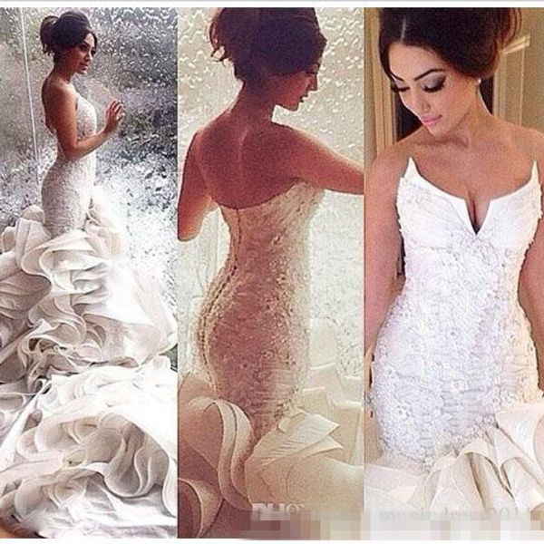 

2017 Romantic Sexy Mermaid Wedding Dresses Lace Up Organza Chapel Train Lace Applique Bridal Gowns Custom Made 2016 Plus Size