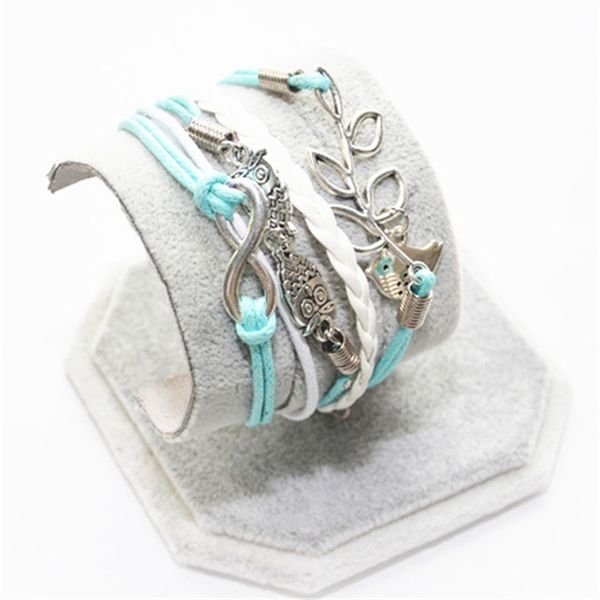 

wholesale-sl0184 new infinity fashion leather owl tree leaf charm handmade bracelet bangles jewelry wholesale gift items for women girls, Golden;silver