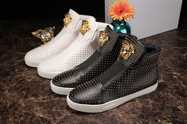 

fashion tide male red hit nails high shoes cool metal buckle sleeve casual shoes europe and the united states popular punk shoes, Red;white