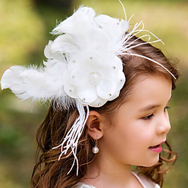 Luxurious Feather White Flower Girl Hair Accessories Children Tiaras Formal Kids Party Head Pieces Girls Cute Flower Princess Headwear Infant Hair