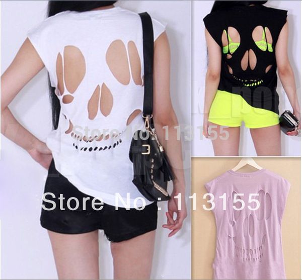 Wholesale-2016 NEW WOMEN'S LADIES SLEEVELESS LONG CUT OUT BACK SKULL T SHIRT WOMENS TOP Sexy t-shirts