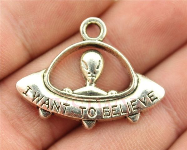 

wholesale-wysiwyg 4pcs/lot 23*30mm antique silver plated i want to believe ufo charms, Bronze;silver
