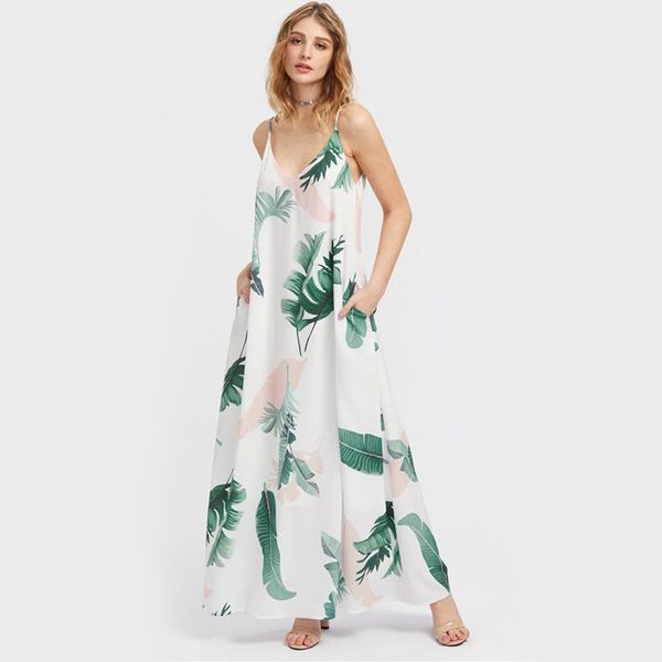 

jungle leaf print hidden pocket side cami dress summer maxi dress spaghetti strap v neck a line slip dress, Black;gray