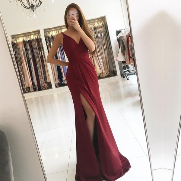 

dark red mermaid evening dresses simple spaghetti straps high split prom dresses v neck long formal evening dresses 2017 cheap, Black;red