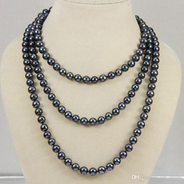 

new 7-8mm black real akoya cultured pearl necklace 50", Silver
