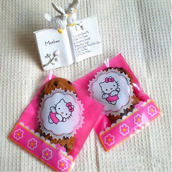 

Self adhesive cookie bags plastic gift bag for food gift packaging Hello Kitty wedding party supplies 10*11+4cm