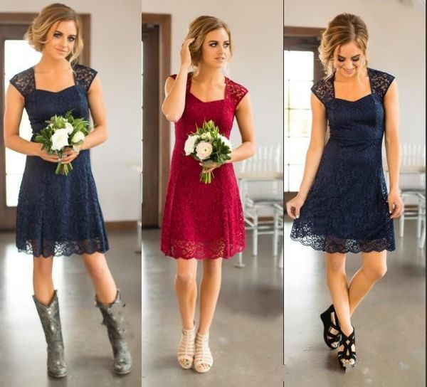 

2017 navy blue burgundy country full lace short bridesmaid dressesfor weddings cap sleeves open back plus size formal maid of honor gowns, Blue;red