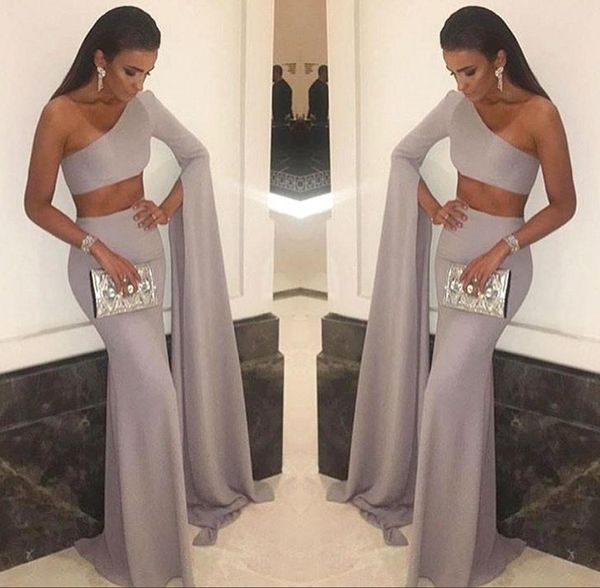 

2020 fashion vestidos de fiesta silver one shoulder long sleeve two pieces prom dresses long formal prom party gowns, Black