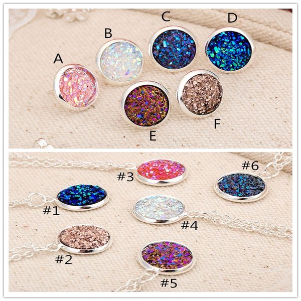 

мода имитировать натуральный камень drusy druzy серьги ожерелье посеребренные драгоценный камень серьги ожерелье для женщин леди ювелирные и, Silver