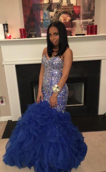 

stunning beaded black girl prom dresses 2017 sweetheart crystal blue ruffled organza mermaid corset evening party gowns celebrity dresses