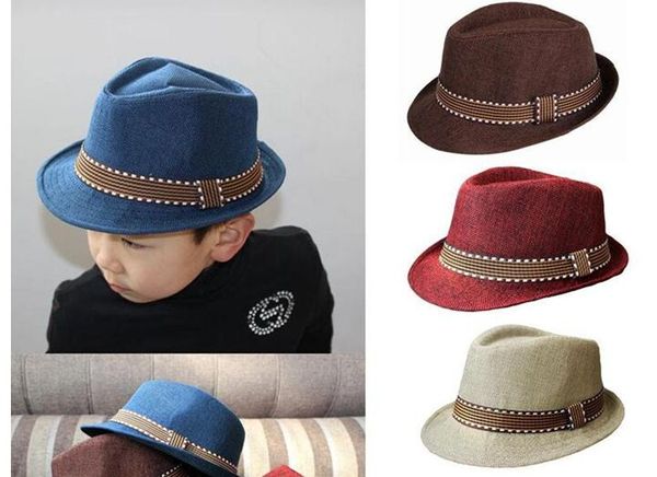 Verão Unisex Crianças Palha Fedora Sunhat Moda Praia Panamá Cap Com Ribbow Trim Crianças Soild Trilby Chapéus Para O Menino E a Menina