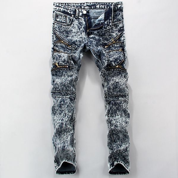 

wholesale- mens skinny biker jeans men 2017 motorcycle runway zipper slim fit washed snowflakes moto denim pants joggers ripped rider jea, Blue