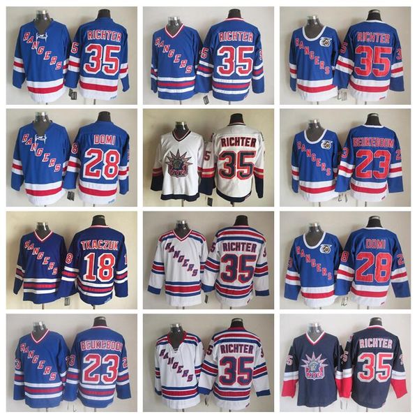 

new york rangers man 35 mike richter jersey 28 tie domi 23 jeff beukeboom 18 walt tkaczuk vintage classic hockey jerseys blue, Black;red