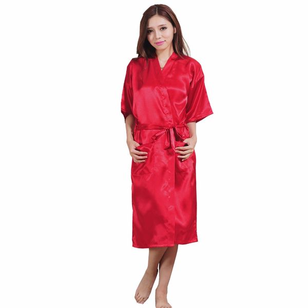 

wholesale- plus size s-xxxl rayon bathrobe womens kimono satin long robe lingerie classic nightgown sleepwear with belt, Black;red