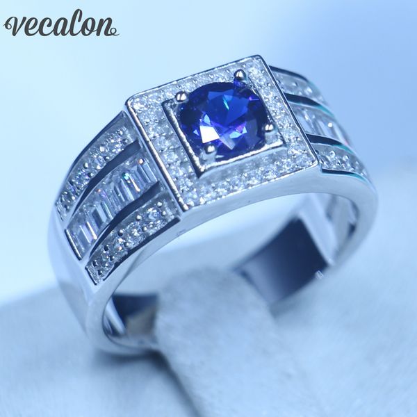 Real soild 925 esterlina prata anéis de banda de casamento para homens 1ct azul tanzanite cz festa masculina anel de dedo jóias finas
